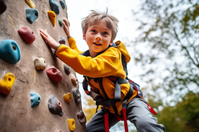 NIño aprendiendo a escalar en pared. Climbia - Climber's Hill nivel de aprendizaje de inglés Pre-A1.